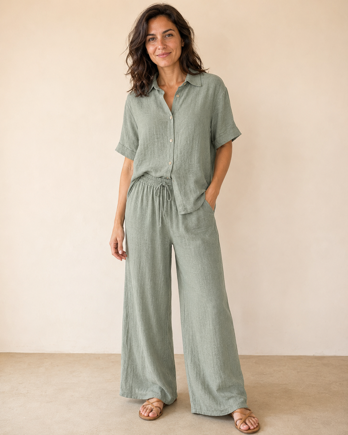 Conjunto de lino · camisa + pantalón palazzo