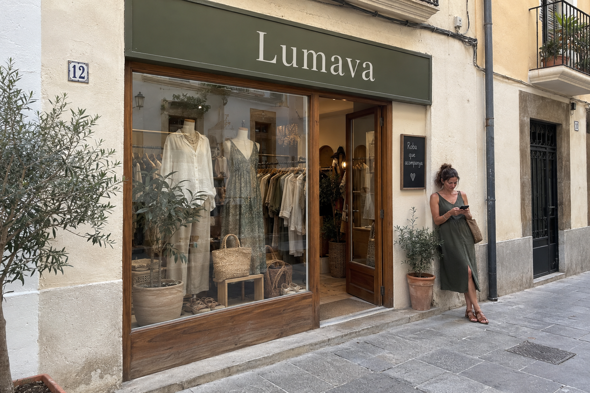 Escaparate de la tienda Lumava con vestidos de lino y crochet en el escaparate